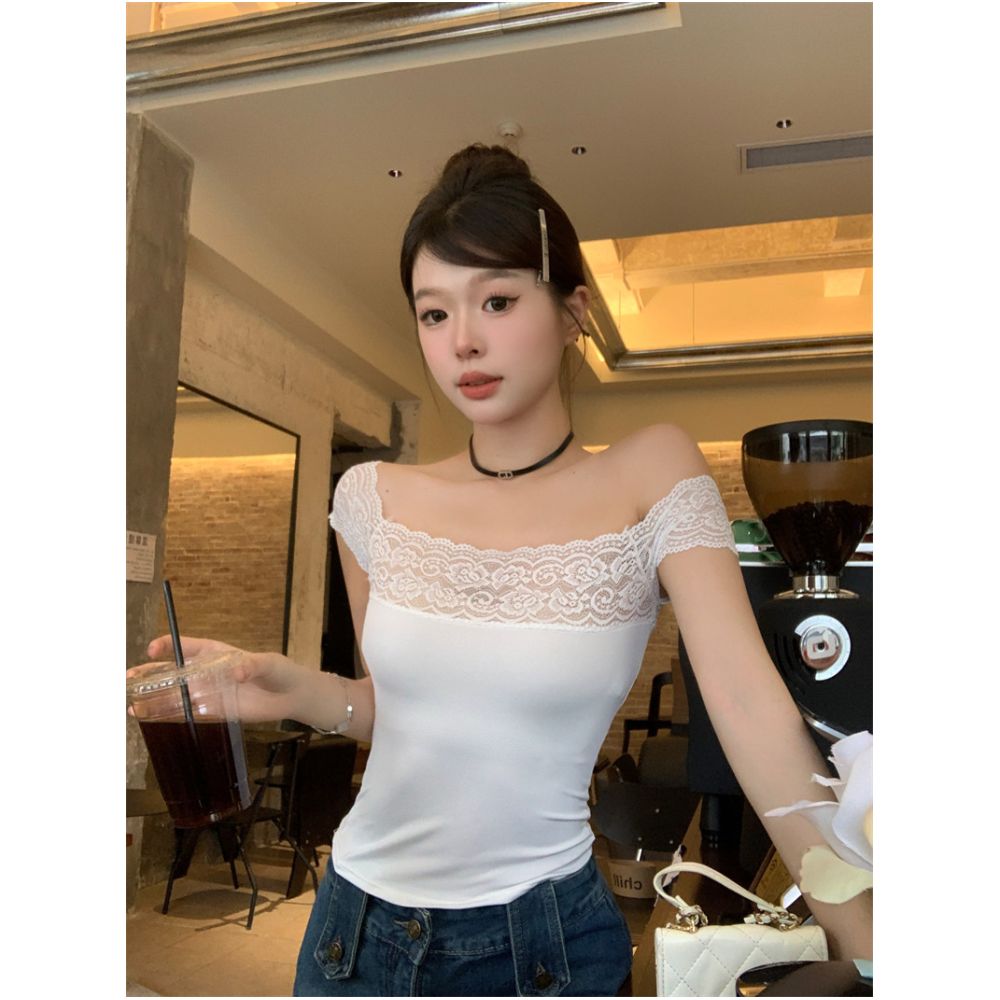Trendy women s interior with heavy lace patchwork T Korean pure color slimming short one shoulder top for summer