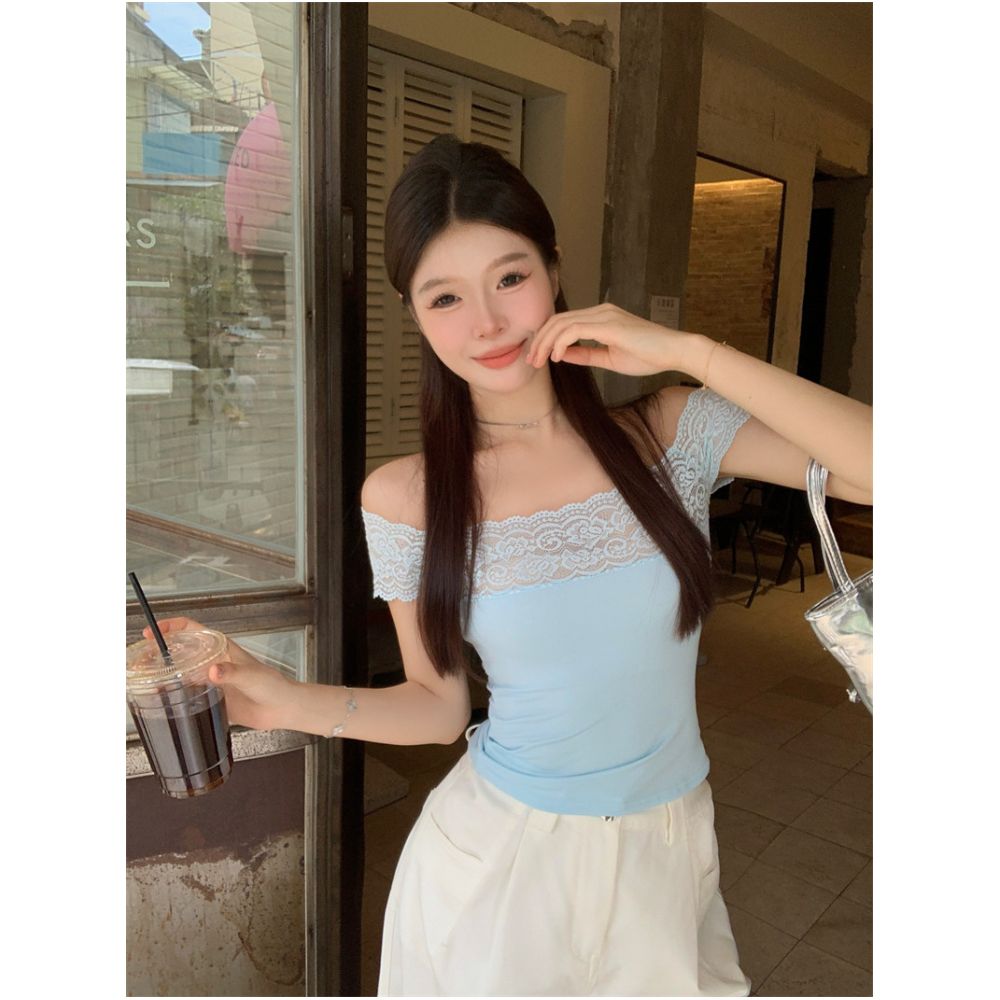 Trendy women s interior with heavy lace patchwork T Korean pure color slimming short one shoulder top for summer