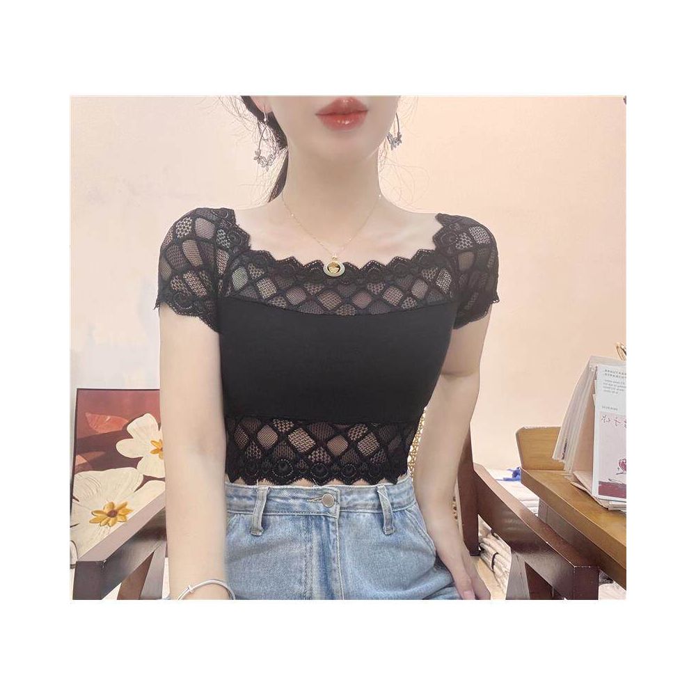 Strap skirt with women s short sleeved lace vest as a base half cut shirt chest wrapped underwear anti glare short back top image 3