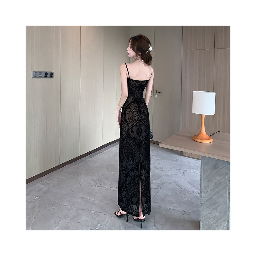 Plush printed mesh suspender long skirt with hip wrap to show off figure women s 2025 new summer light luxury and high end feeling image 5