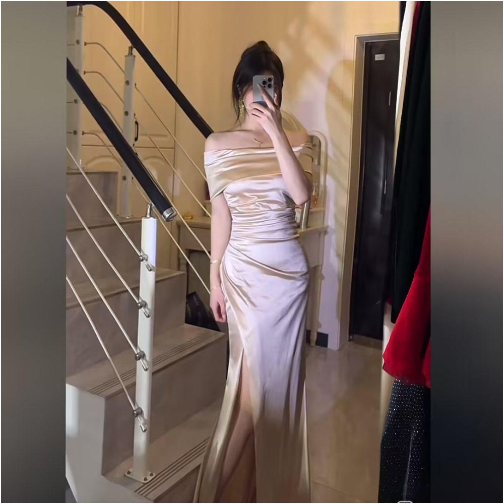 One shoulder bridal toast dress light luxury dress women s high end temperament socialite banquet host fish tail long skirt image 3