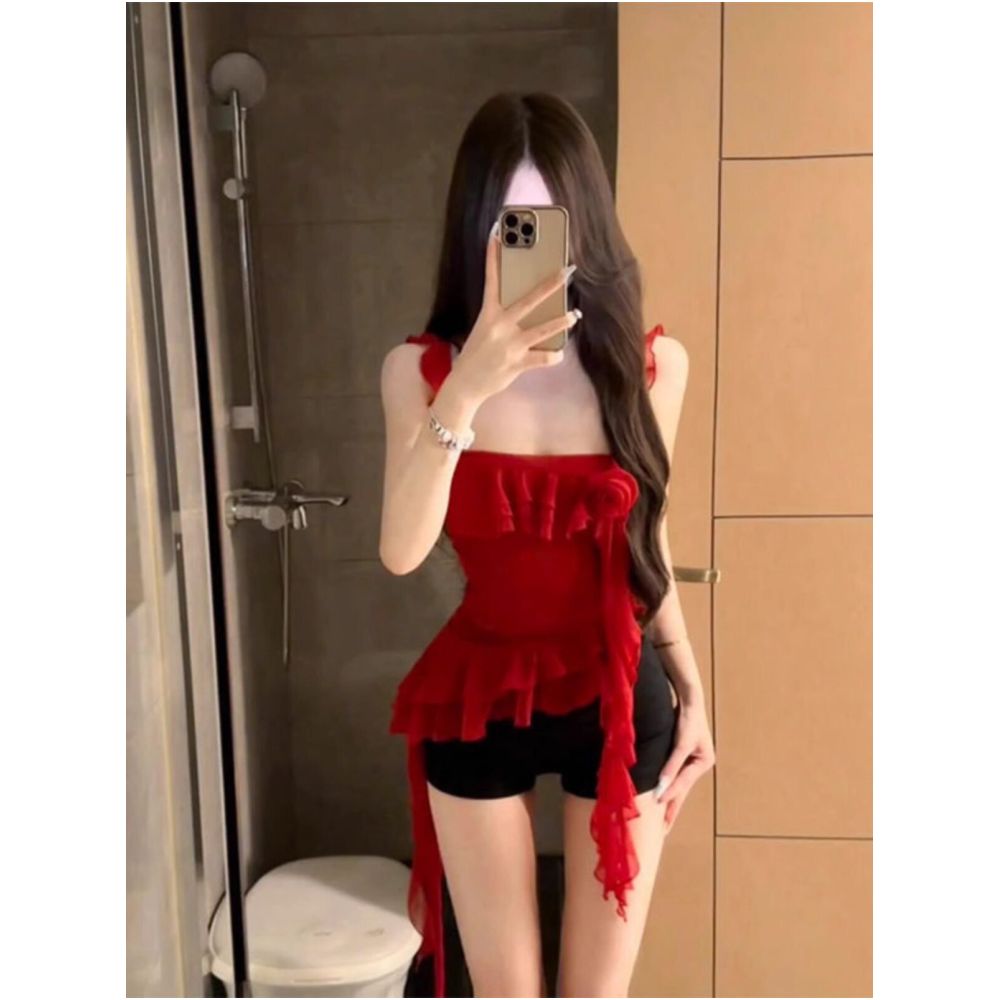 Pure Desire Style Spicy Girl Design Feel Drift Belt Mesh Strap Tank Top Irregular Sleeveless Top Shorts Set for Women Summer image 1