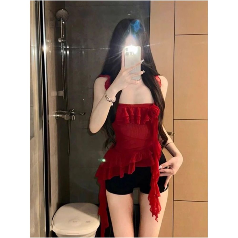 Pure Desire Style Spicy Girl Design Feel Drift Belt Mesh Strap Tank Top Irregular Sleeveless Top Shorts Set for Women Summer image 2