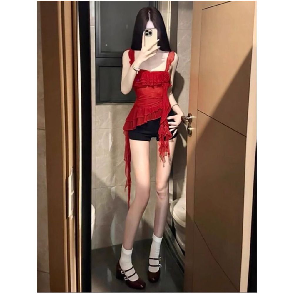 Pure Desire Style Spicy Girl Design Feel Drift Belt Mesh Strap Tank Top Irregular Sleeveless Top Shorts Set for Women Summer image 4