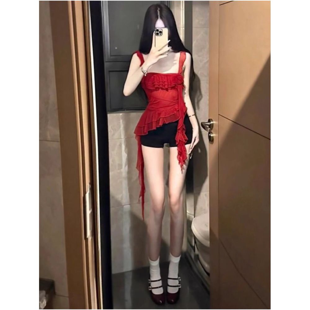 Pure Desire Style Spicy Girl Design Feel Drift Belt Mesh Strap Tank Top Irregular Sleeveless Top Shorts Set for Women Summer image 5