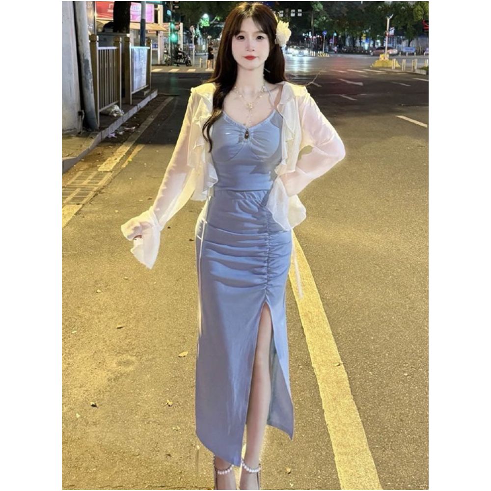 Pure Desire Hot Girl Sexy Sunscreen Set Skirt Women s Summer Dress Design Sense Strap Top Split Hip Wrapping Skirt Three Piece Set image 3