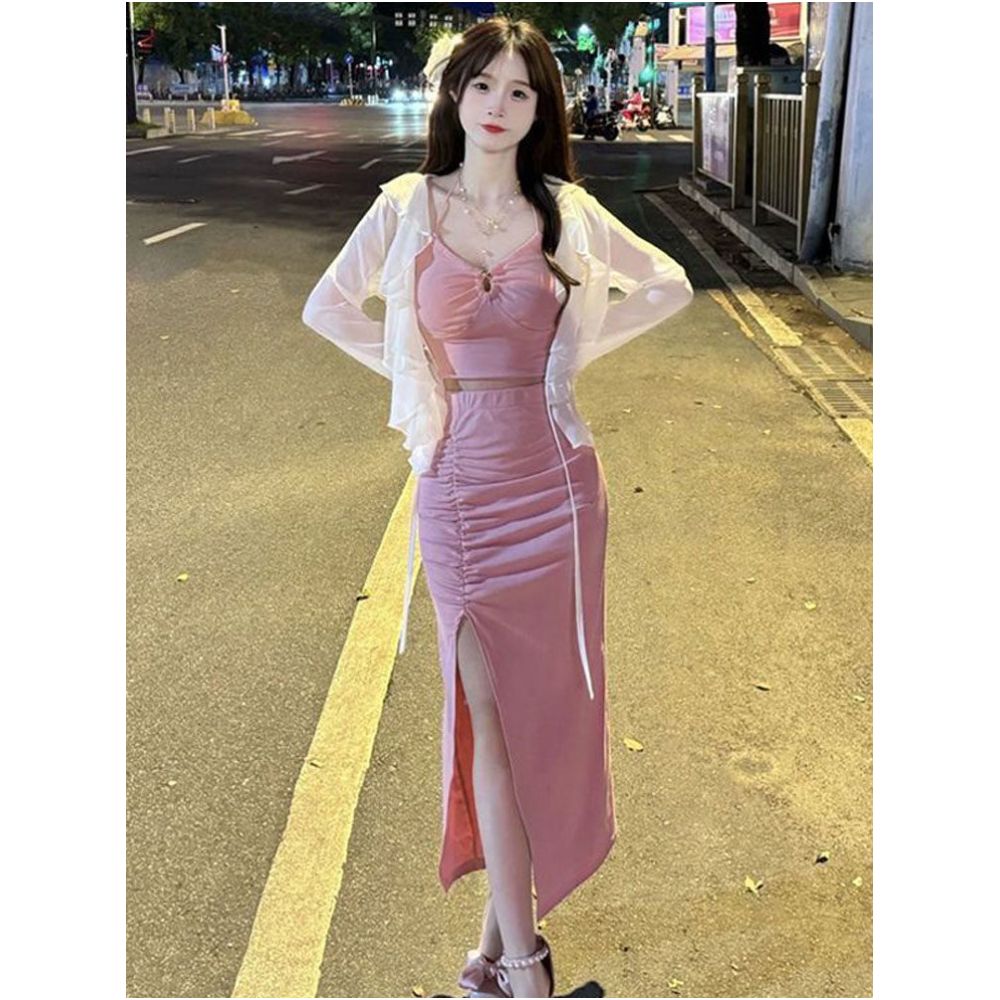 Pure Desire Hot Girl Sexy Sunscreen Set Skirt Women s Summer Dress Design Sense Strap Top Split Hip Wrapping Skirt Three Piece Set image 4
