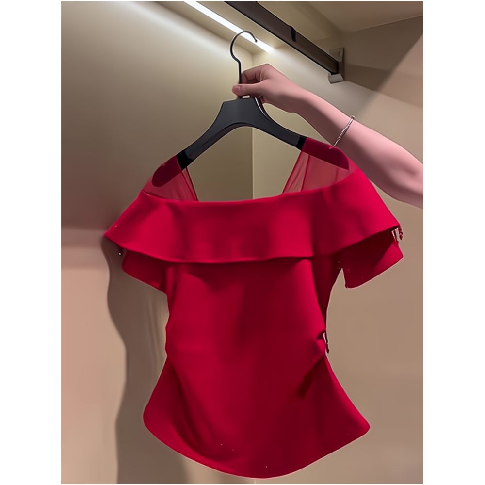 Chic and elegant pleated top with exquisite tassels and beads slimming red summer short sleeved T shirt for women image 2