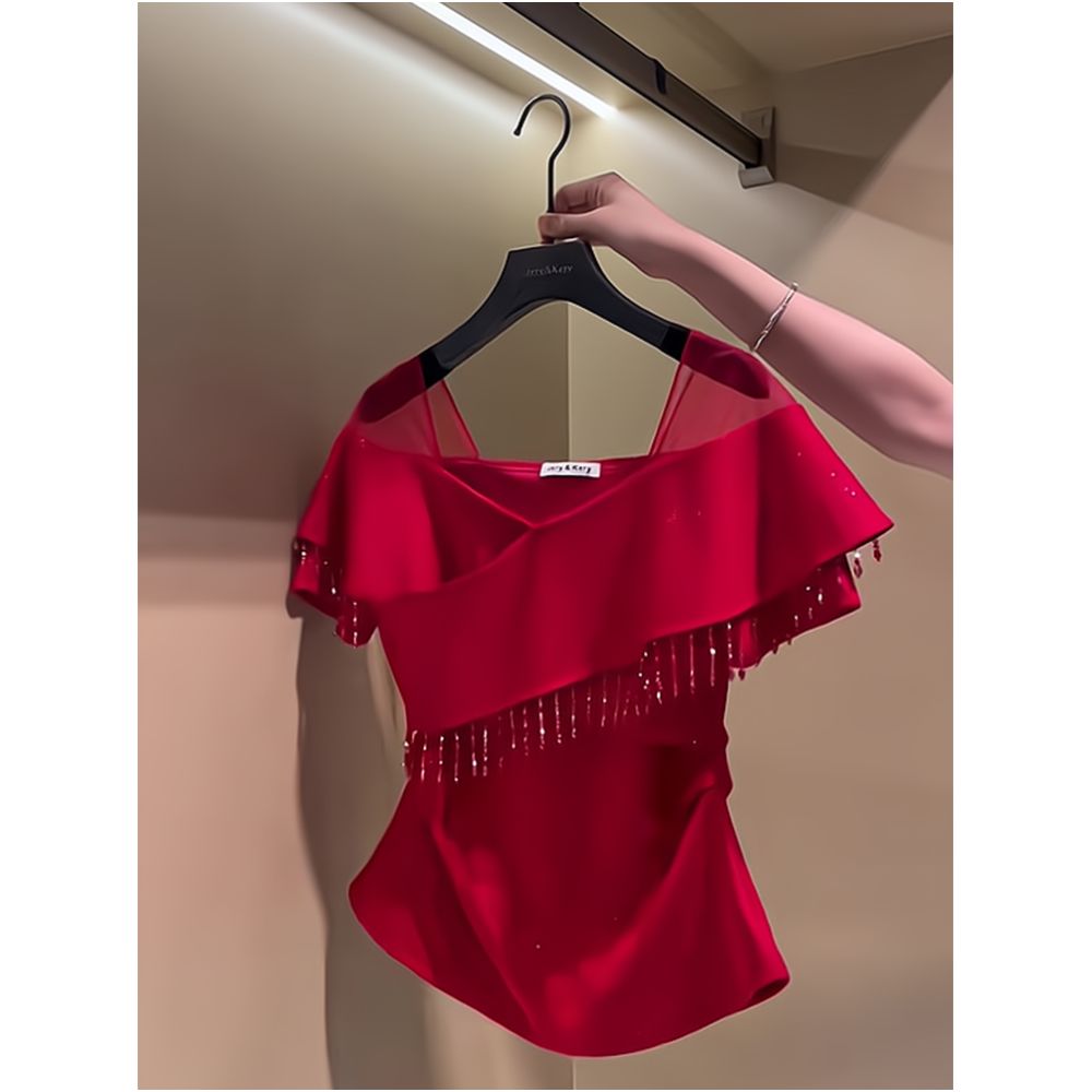 Chic and elegant pleated top with exquisite tassels and beads slimming red summer short sleeved T shirt for women image 3