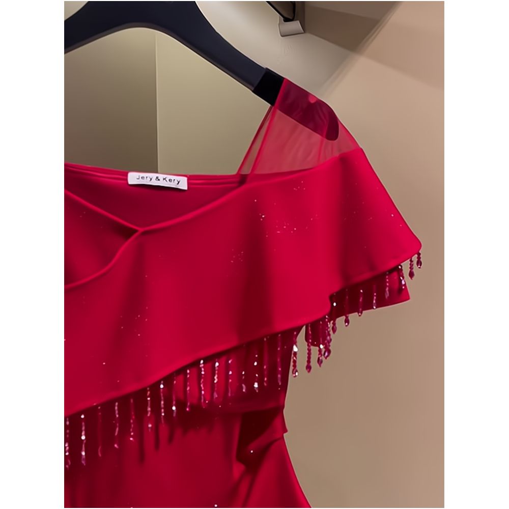 Chic and elegant pleated top with exquisite tassels and beads slimming red summer short sleeved T shirt for women image 4
