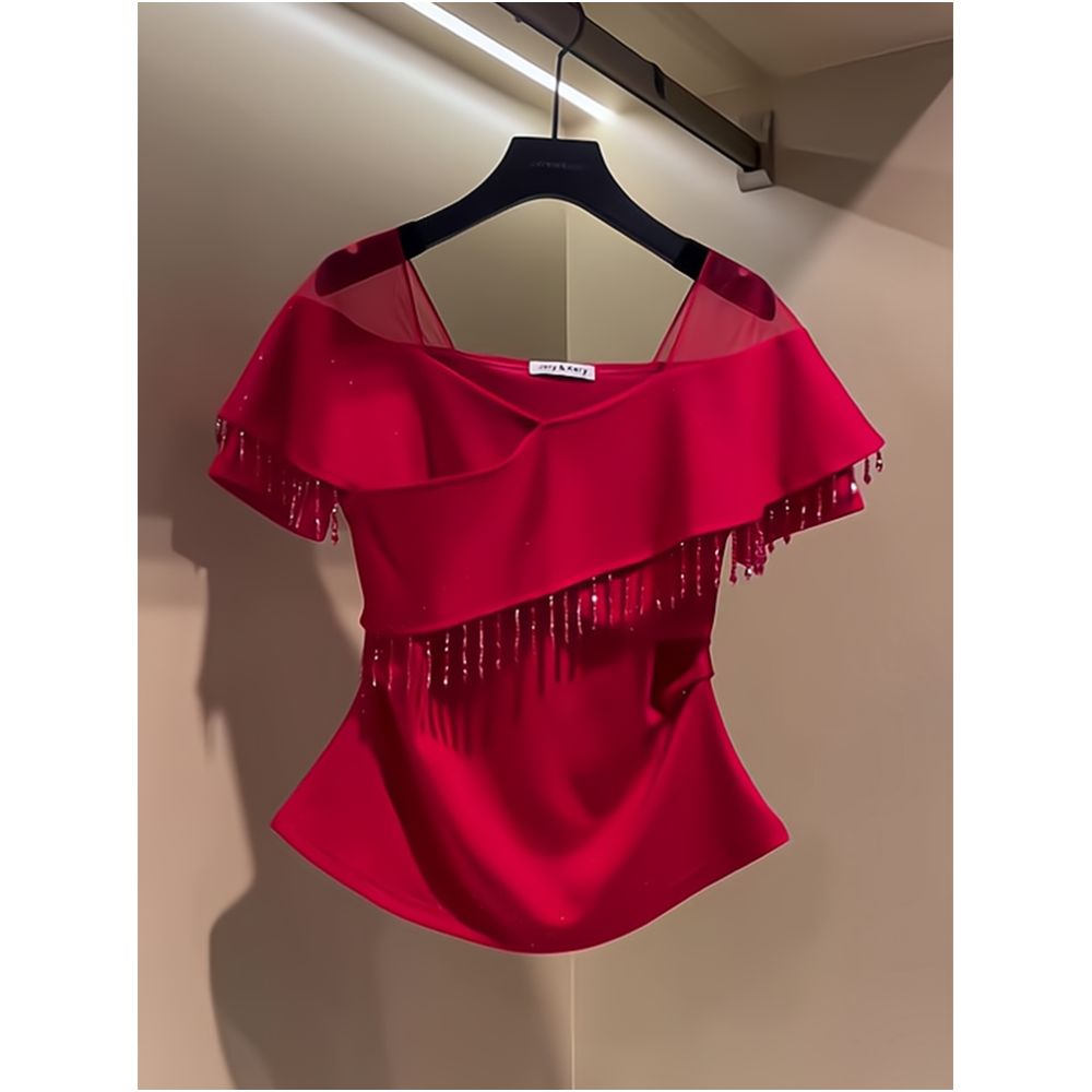 Chic and elegant pleated top with exquisite tassels and beads slimming red summer short sleeved T shirt for women