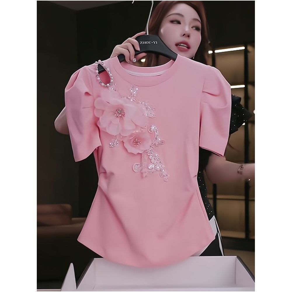 French Romantic 3D Rose Short Sleeve T Shirt for Women 2025 Summer New Style Sweet and Elegant Design Top