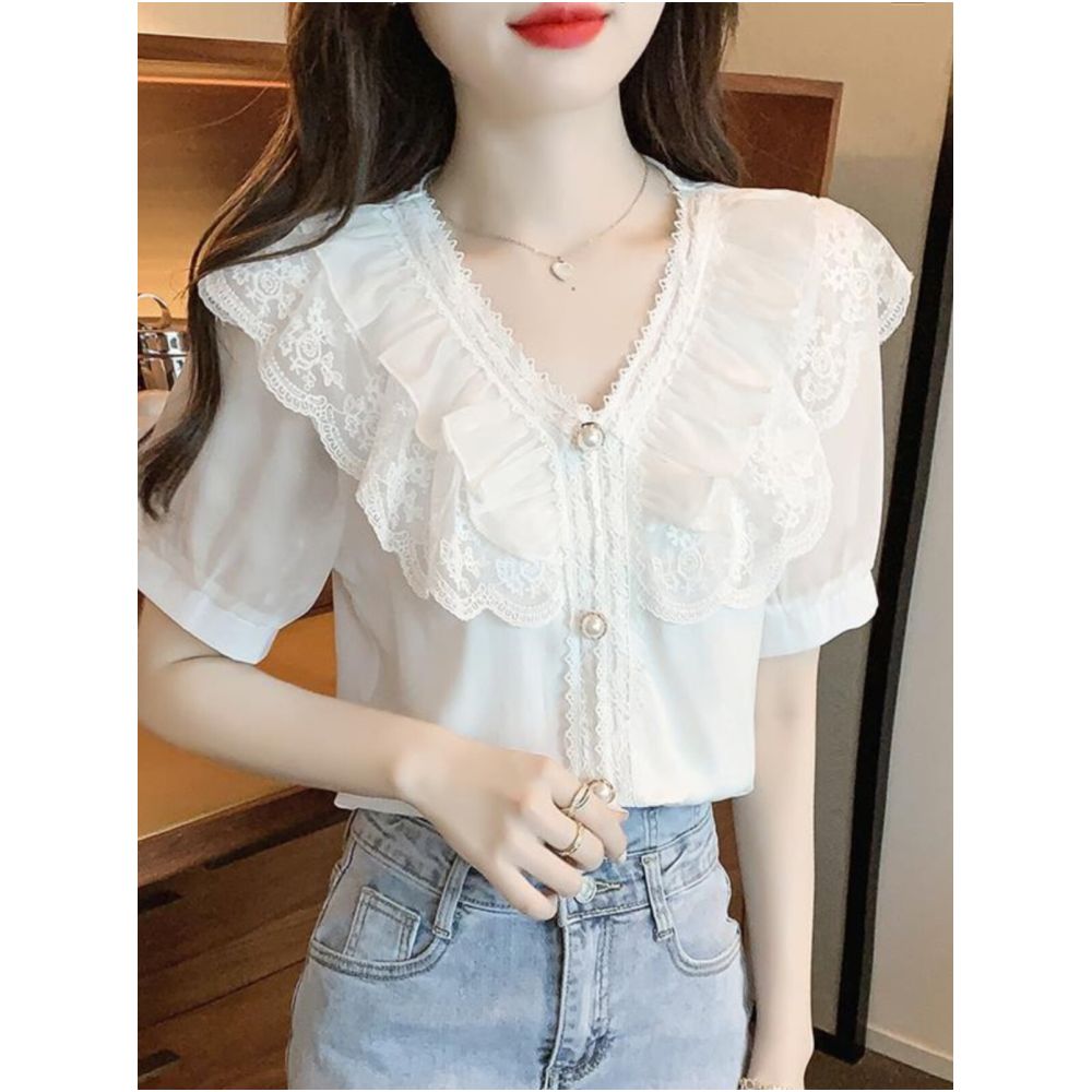 2024 Summer New Arrival Sweet and Elegant Lace Ruffled V Neck Bubble Short Sleeve White Chiffon Blouse Two Piece Set image 1