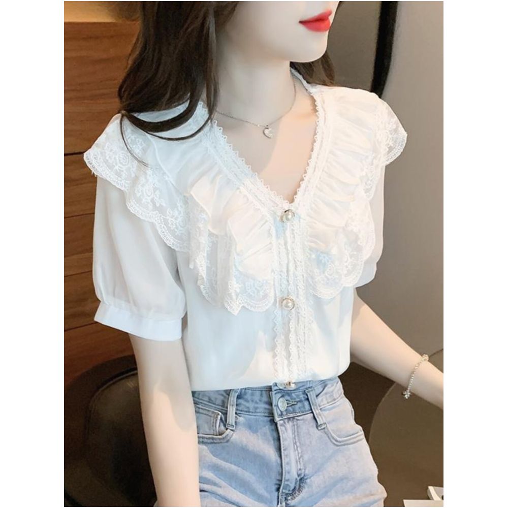 2024 Summer New Arrival Sweet and Elegant Lace Ruffled V Neck Bubble Short Sleeve White Chiffon Blouse Two Piece Set image 2