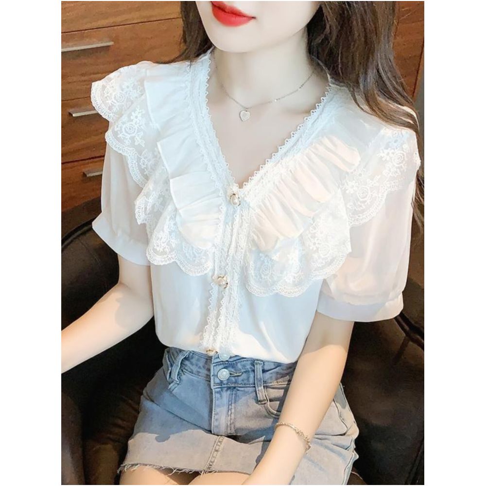 2024 Summer New Arrival Sweet and Elegant Lace Ruffled V Neck Bubble Short Sleeve White Chiffon Blouse Two Piece Set image 3