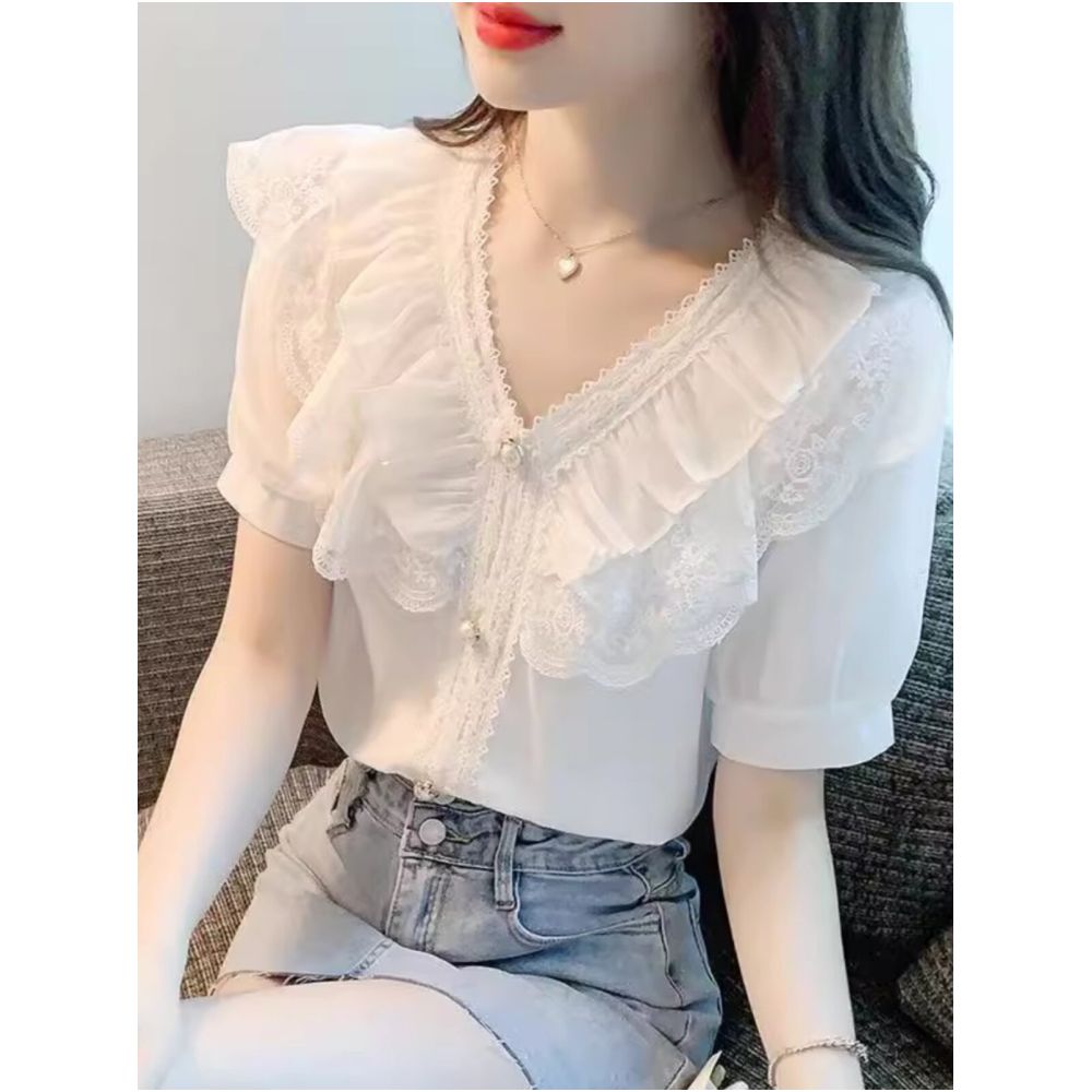 2024 Summer New Arrival Sweet and Elegant Lace Ruffled V Neck Bubble Short Sleeve White Chiffon Blouse Two Piece Set image 4