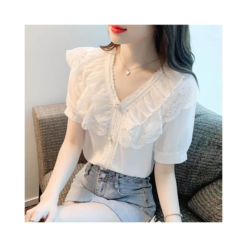 2024 Summer New Arrival Sweet and Elegant Lace Ruffled V Neck Bubble Short Sleeve White Chiffon Blouse Two Piece Set