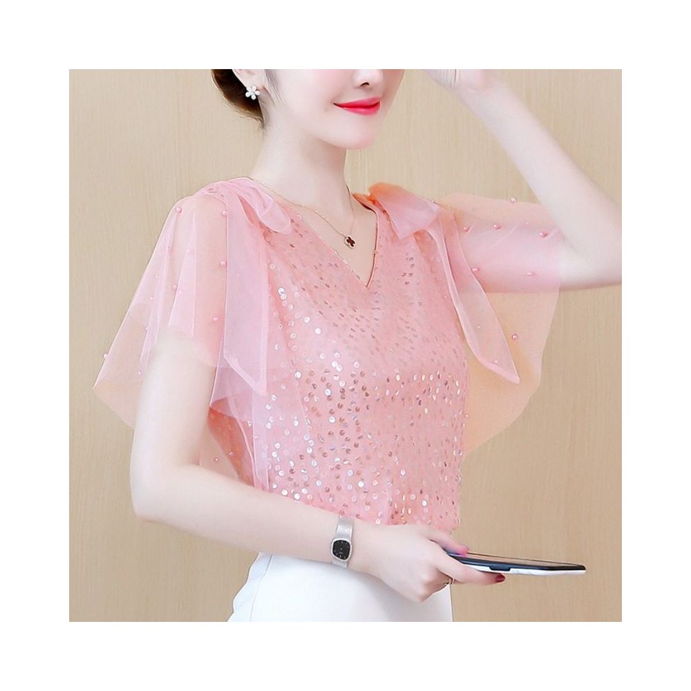 Sequined T shirt for women short sleeved stylish and flowy chiffon blouse V neck loose fit gentle and mature style super fairy like image 1