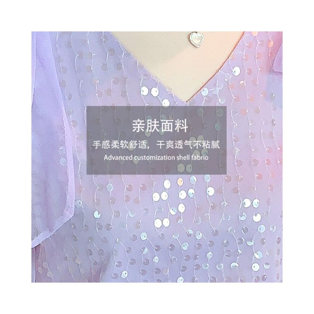 Sequined T shirt for women short sleeved stylish and flowy chiffon blouse V neck loose fit gentle and mature style super fairy like image 4