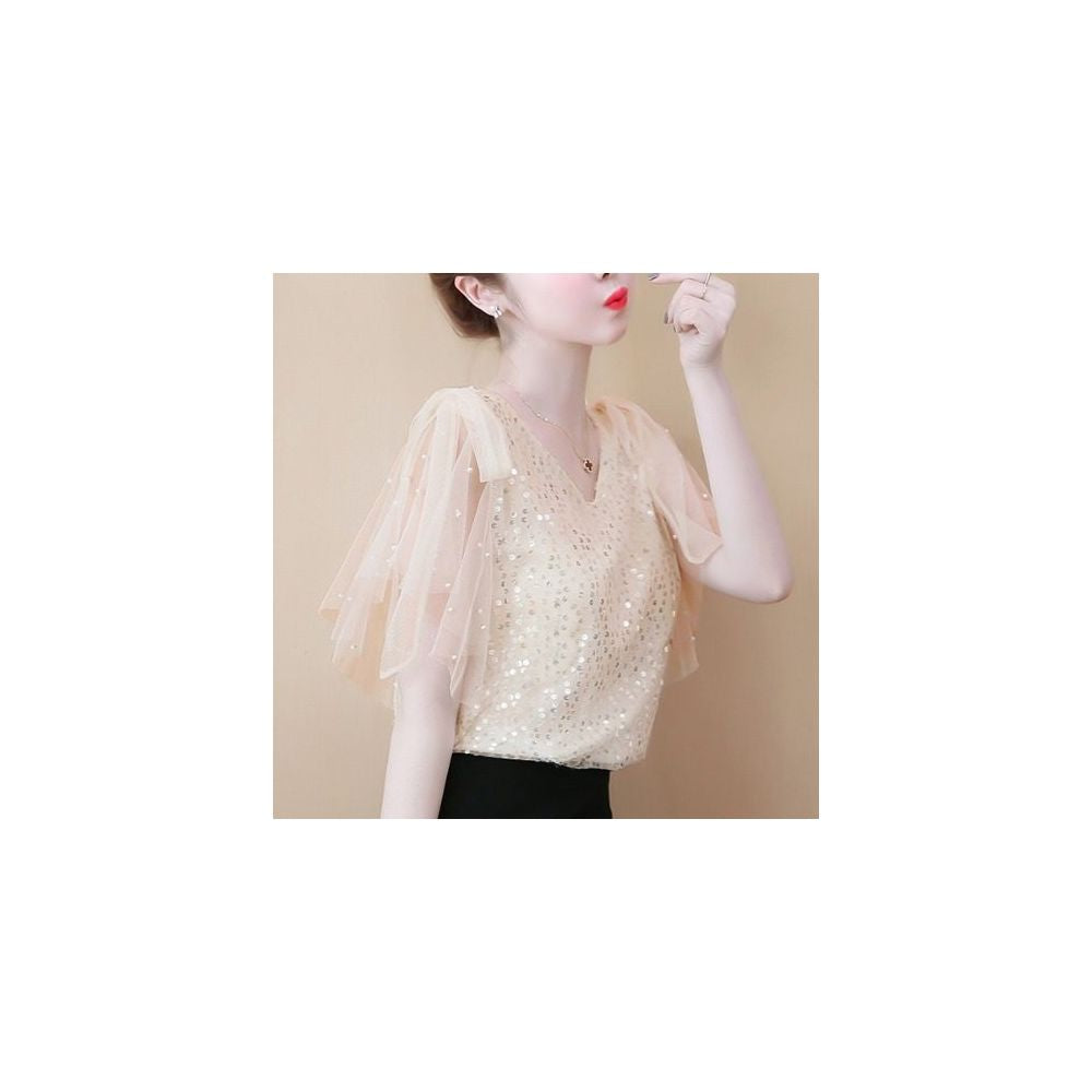 Sequined T shirt for women short sleeved stylish and flowy chiffon blouse V neck loose fit gentle and mature style super fairy like