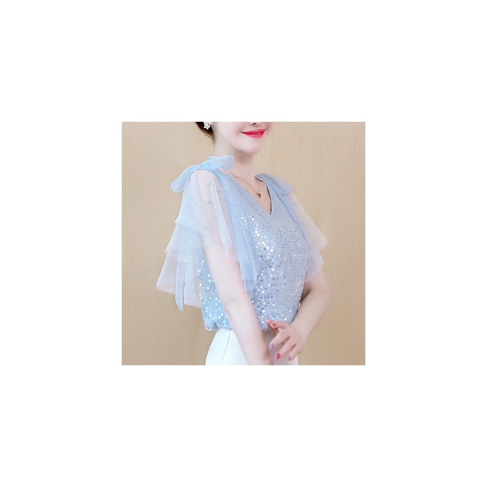 Sequined T shirt for women short sleeved stylish and flowy chiffon blouse V neck loose fit gentle and mature style super fairy like