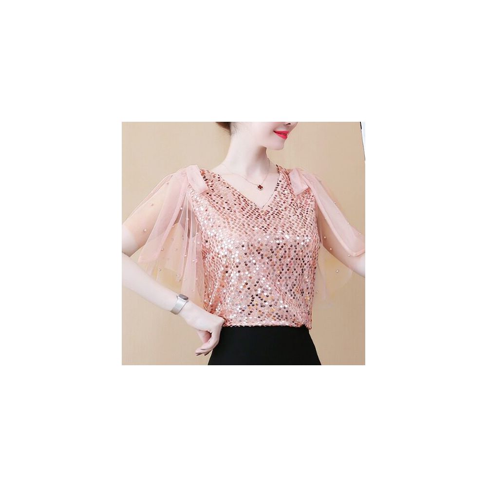 Sequined T shirt for women short sleeved stylish and flowy chiffon blouse V neck loose fit gentle and mature style super fairy like
