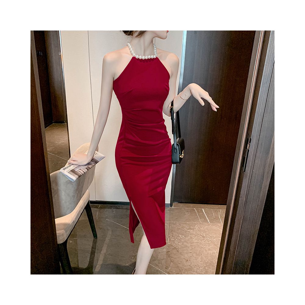 A unique and stunning dress with a high quality feel and sophisticated design A niche pearl halter neck slip dress for women in summer image 0