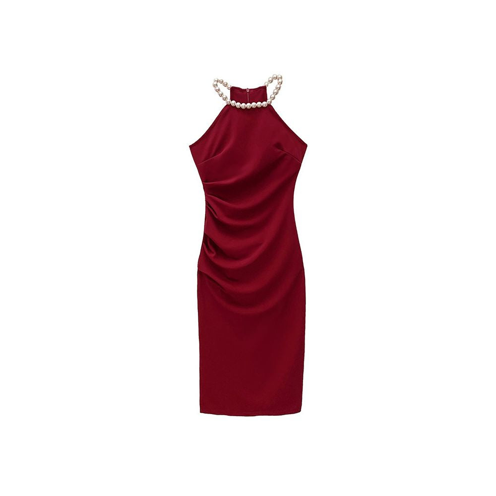 A unique and stunning dress with a high quality feel and sophisticated design A niche pearl halter neck slip dress for women in summer image 4
