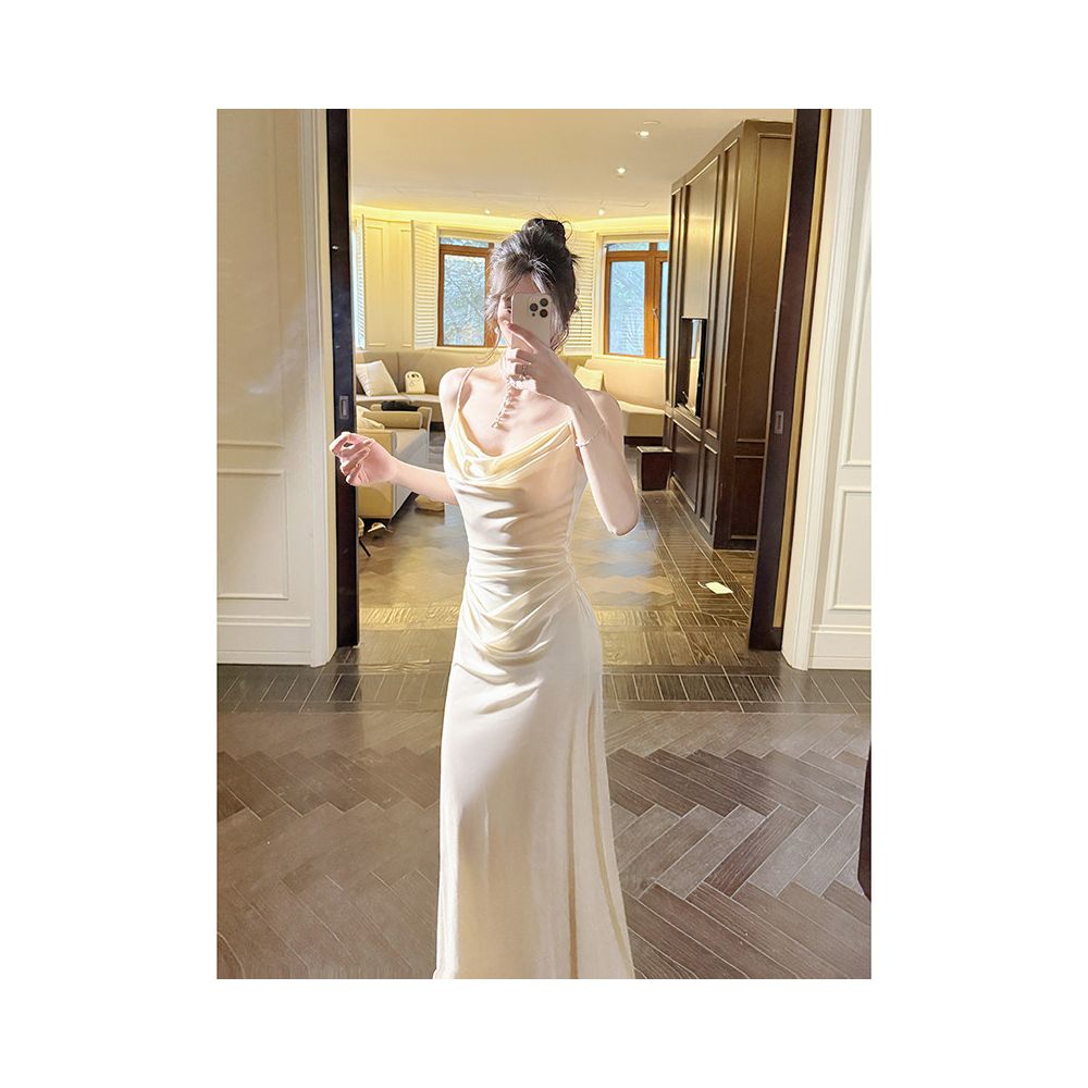 Good Job Su Guo French style ruffled neckline fishtail dress high end feel fitted waist new style halter top bodycon skirt