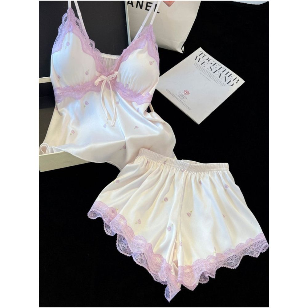 Summer thin ice silk camisole pajama shorts two piece set sweet girly lace trim with bra padding loungewear image 0