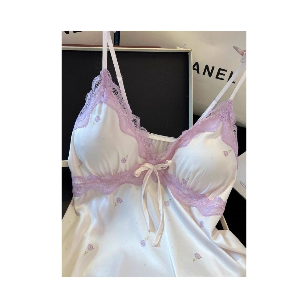 Summer thin ice silk camisole pajama shorts two piece set sweet girly lace trim with bra padding loungewear image 1