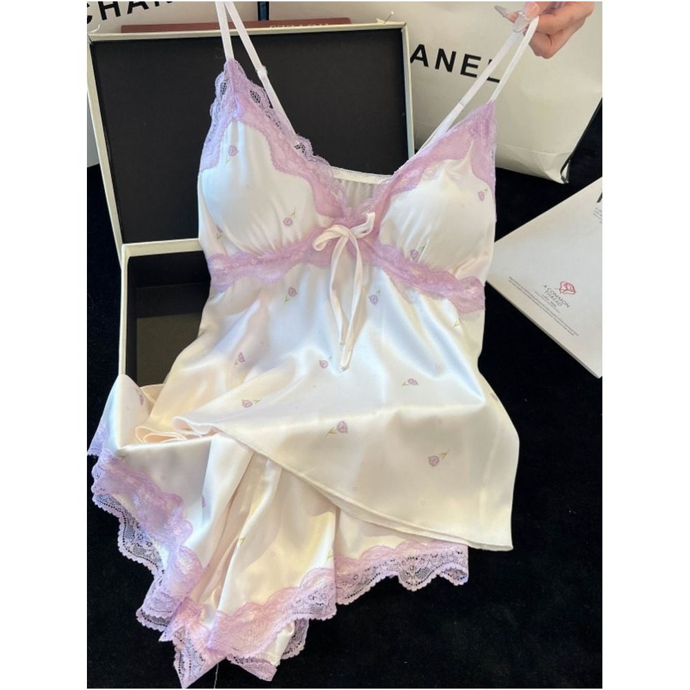 Summer thin ice silk camisole pajama shorts two piece set sweet girly lace trim with bra padding loungewear image 2