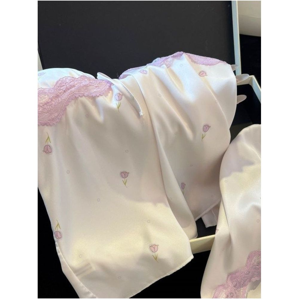 Summer thin ice silk camisole pajama shorts two piece set sweet girly lace trim with bra padding loungewear image 3