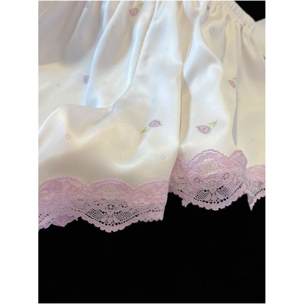 Summer thin ice silk camisole pajama shorts two piece set sweet girly lace trim with bra padding loungewear image 4