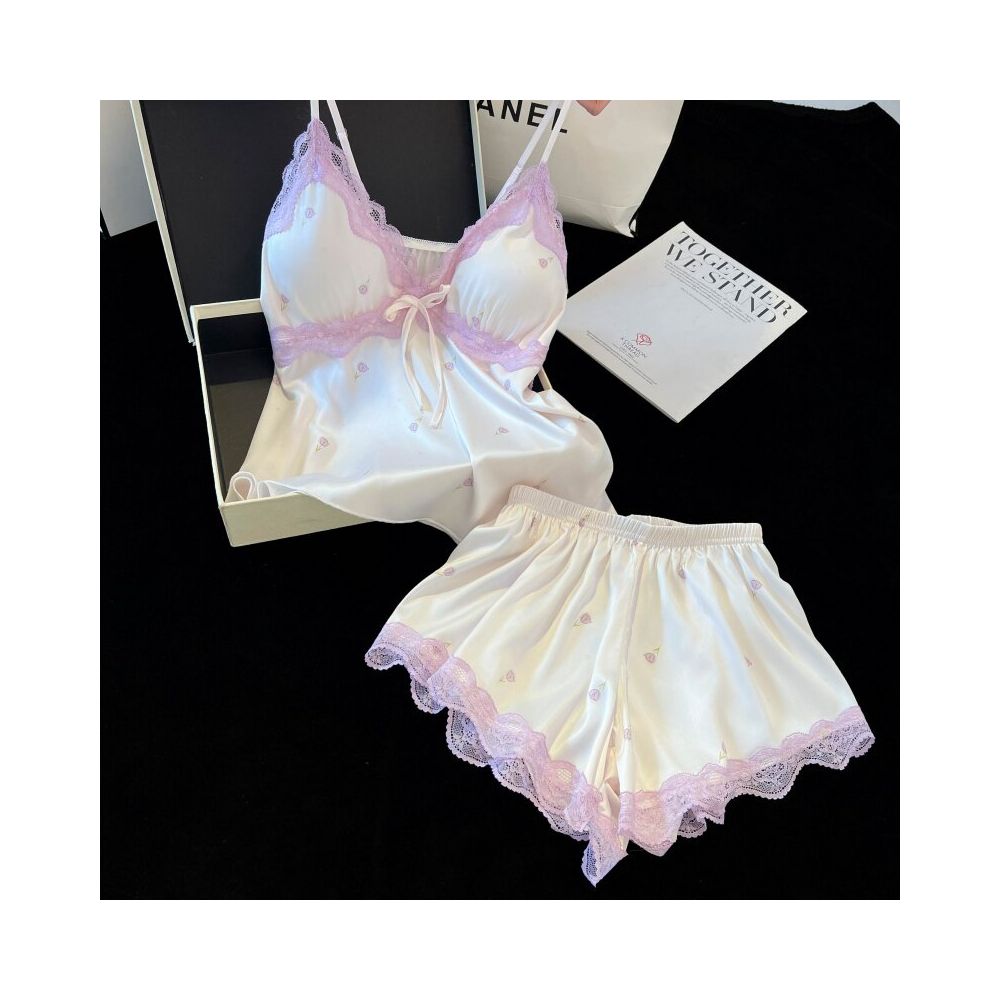 Summer thin ice silk camisole pajama shorts two piece set sweet girly lace trim with bra padding loungewear