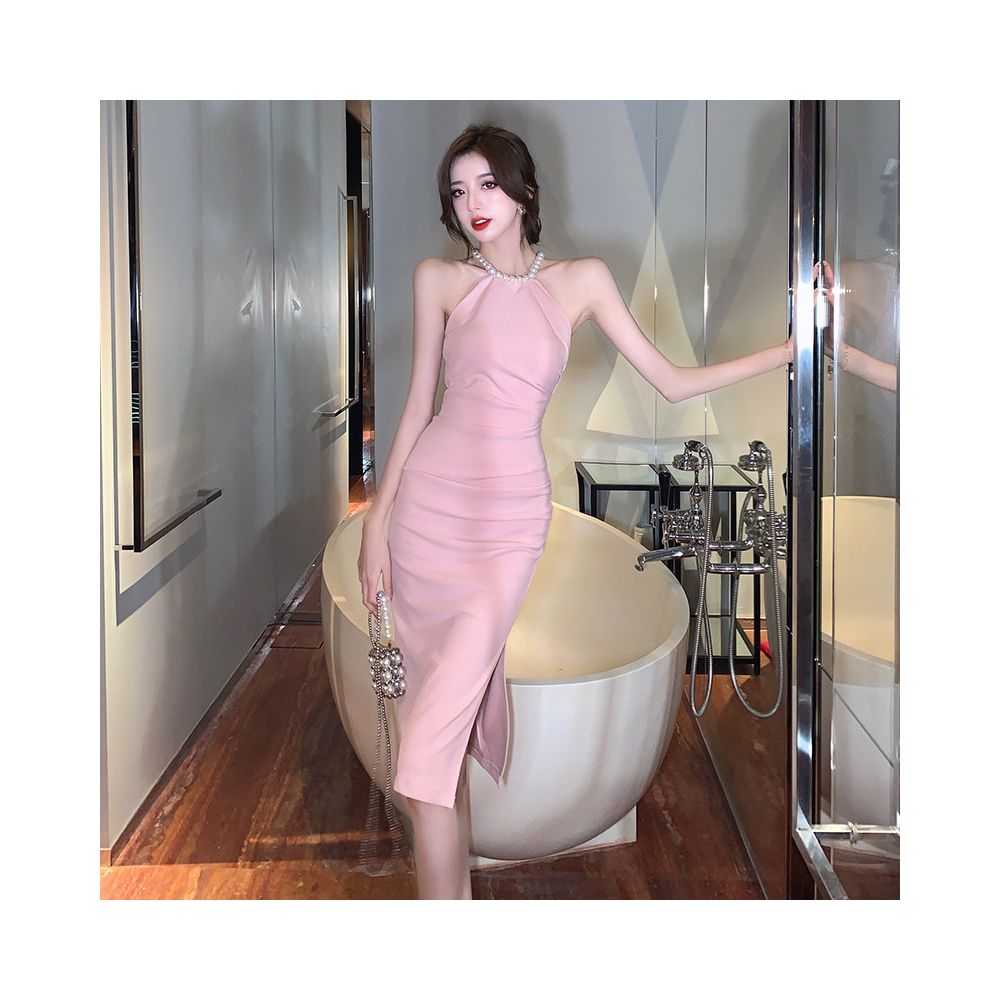 A unique and stunning dress with a high quality feel exuding a sophisticated and mature vibe The pearl halter neck design adds a touch of elegance Perfect for summer image 0