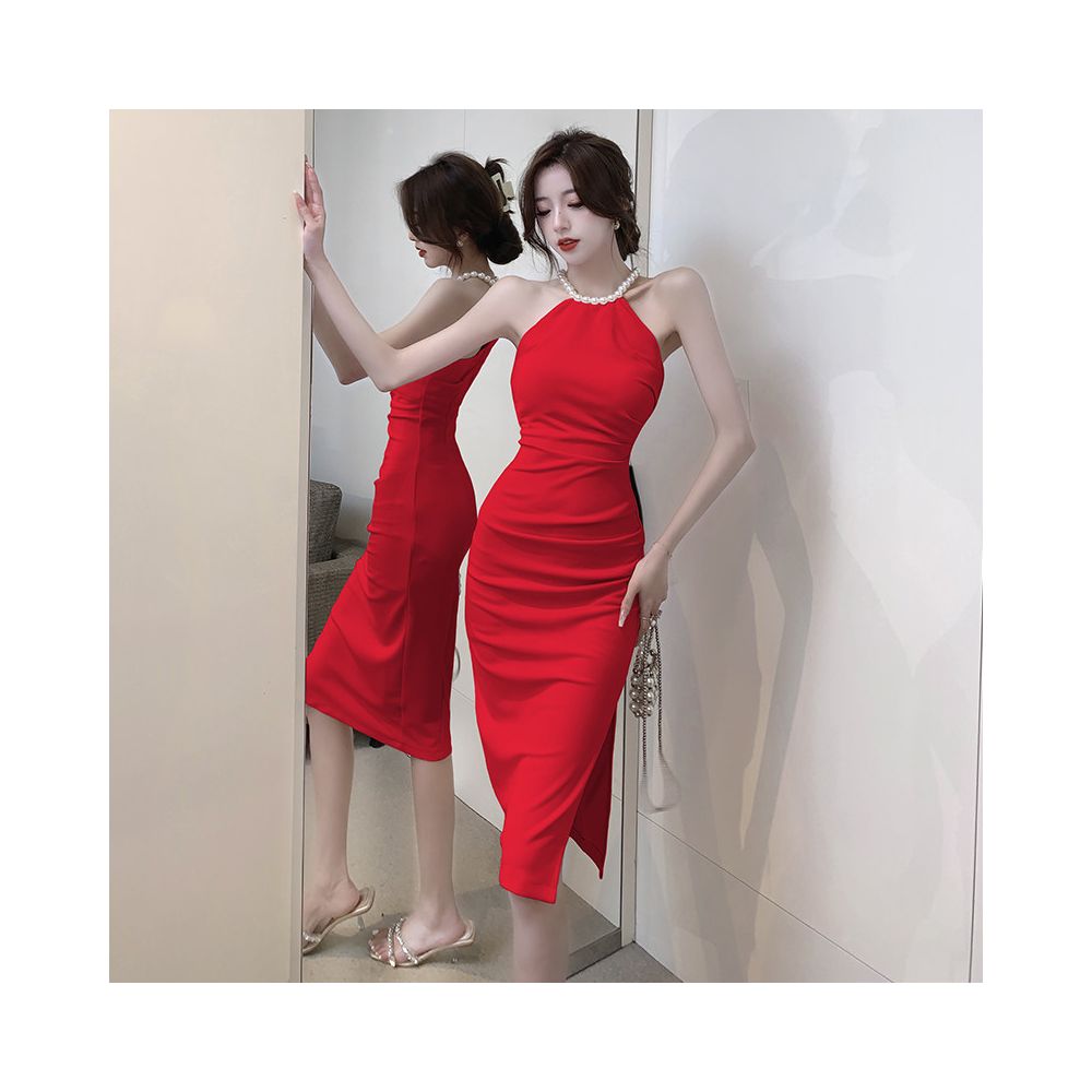 A unique and stunning dress with a high quality feel exuding a sophisticated and mature vibe The pearl halter neck design adds a touch of elegance Perfect for summer image 1
