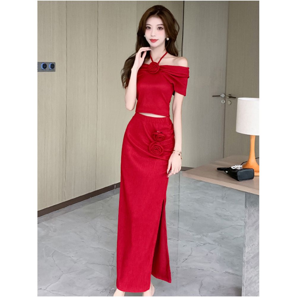 High end elegant two piece set for summer floral halter neck off shoulder fitted top and slit skirt image 0
