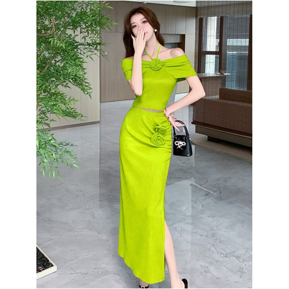 High end elegant two piece set for summer floral halter neck off shoulder fitted top and slit skirt image 1