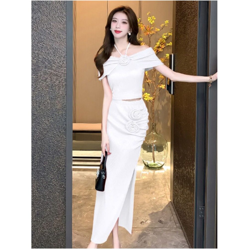 High end elegant two piece set for summer floral halter neck off shoulder fitted top and slit skirt image 2