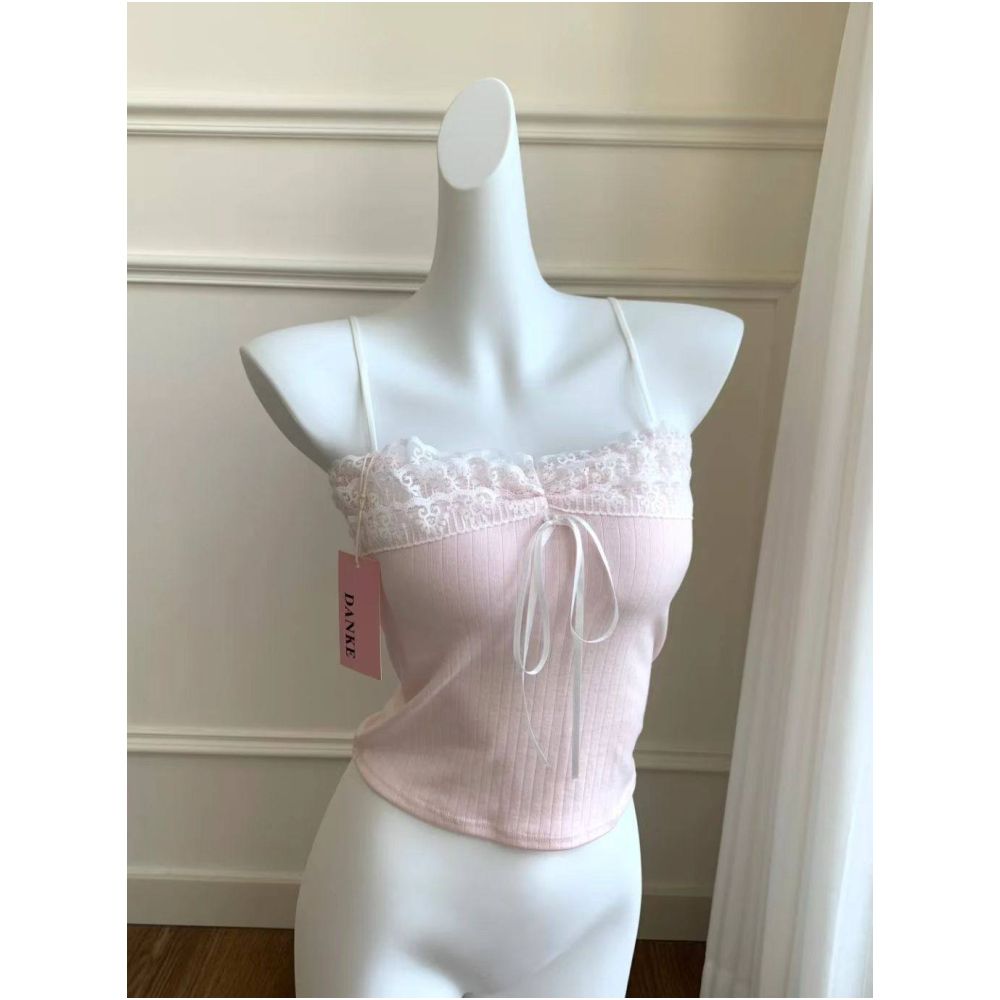 Pure and alluring lace trimmed camisole with padded bra for women perfect for autumn gentle and elegant versatile and slimming innerwear