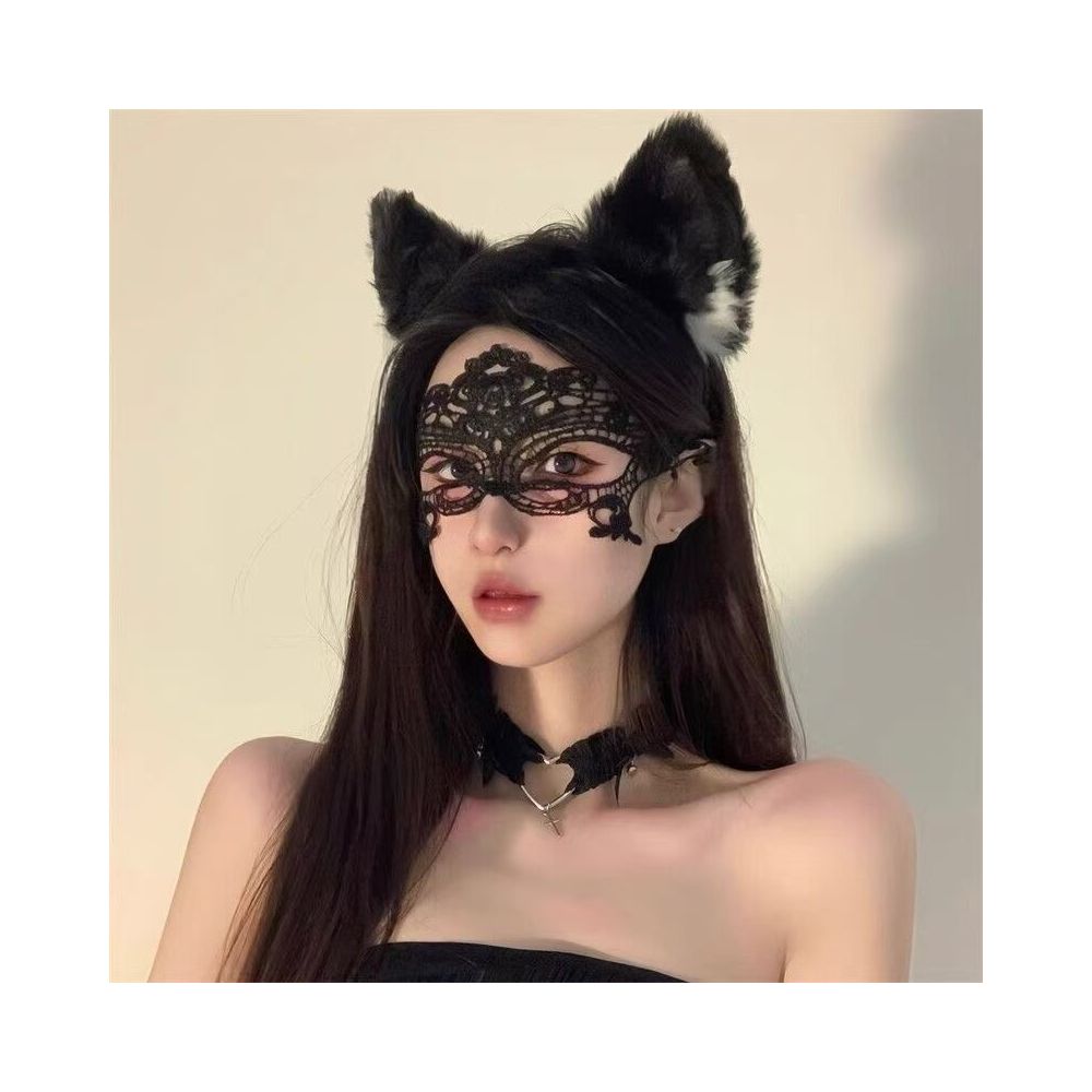 Black lace sexy cat ear headband restrained eye mask face covering mesh couple headpiece hair accessory women s accessory image 4
