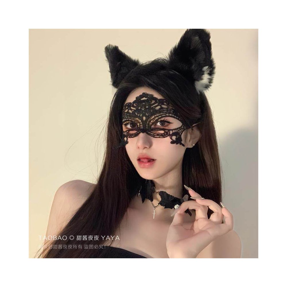 Black lace sexy cat ear headband restrained eye mask face covering mesh couple headpiece hair accessory women s accessory