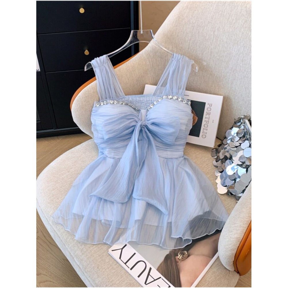 French style heavy duty rhinestone embellished chiffon camisole for women summer style sweet bow padded bra sleeveless skirt top image 0