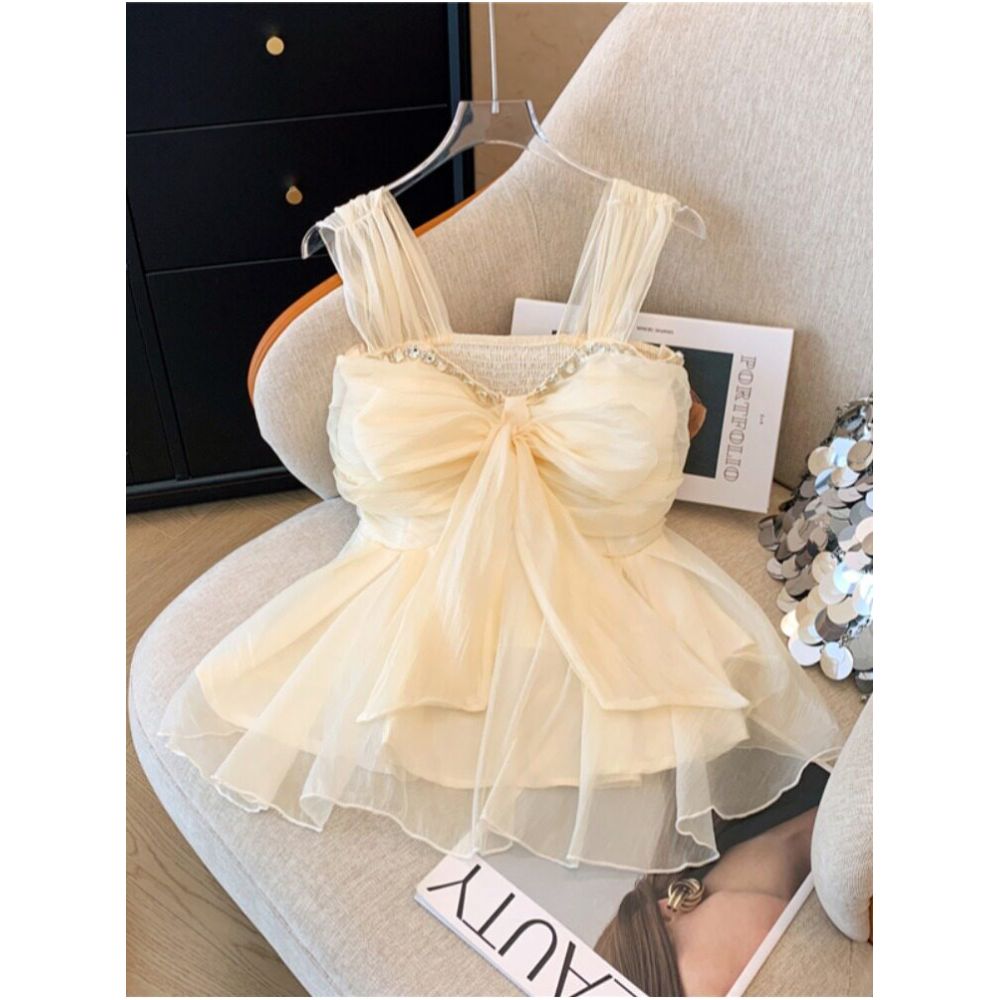 French style heavy duty rhinestone embellished chiffon camisole for women summer style sweet bow padded bra sleeveless skirt top image 1