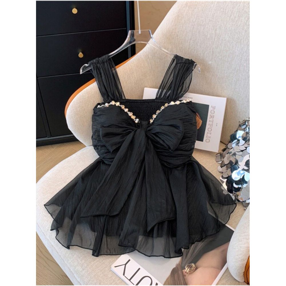 French style heavy duty rhinestone embellished chiffon camisole for women summer style sweet bow padded bra sleeveless skirt top image 3