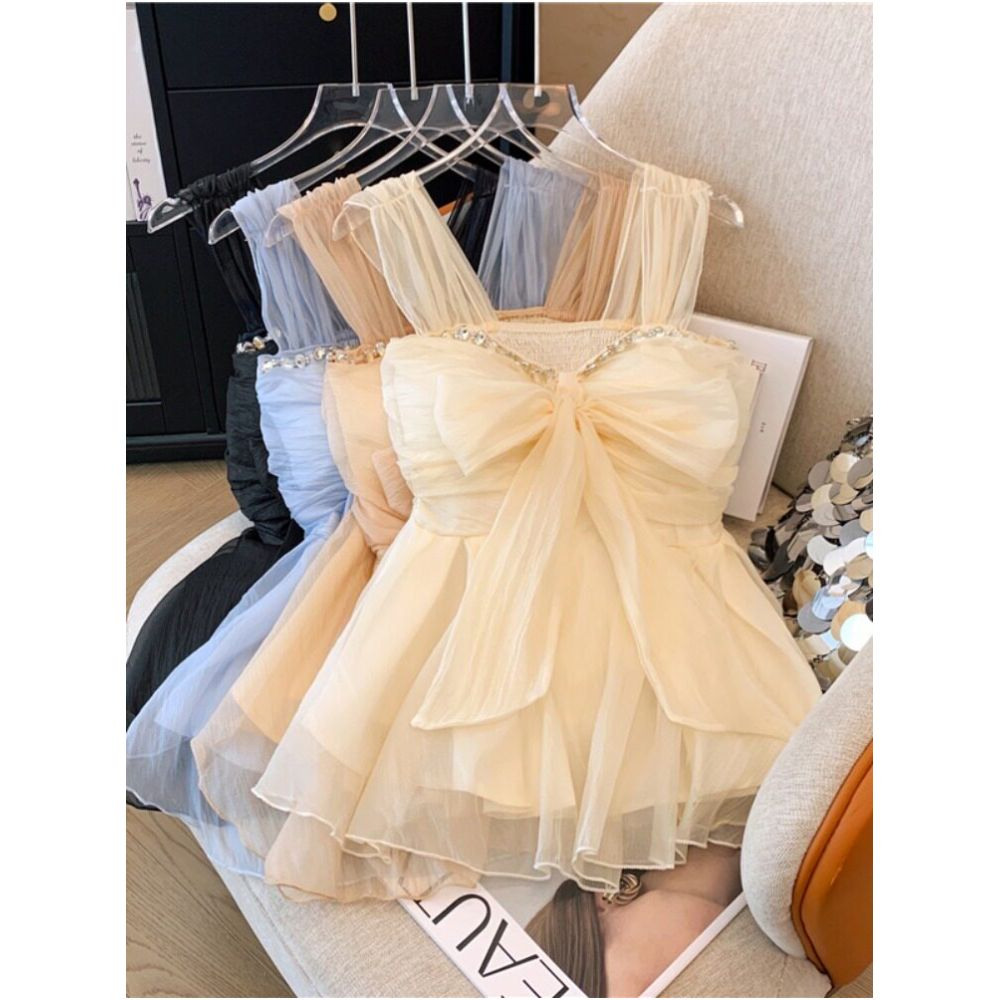 French style heavy duty rhinestone embellished chiffon camisole for women summer style sweet bow padded bra sleeveless skirt top image 4