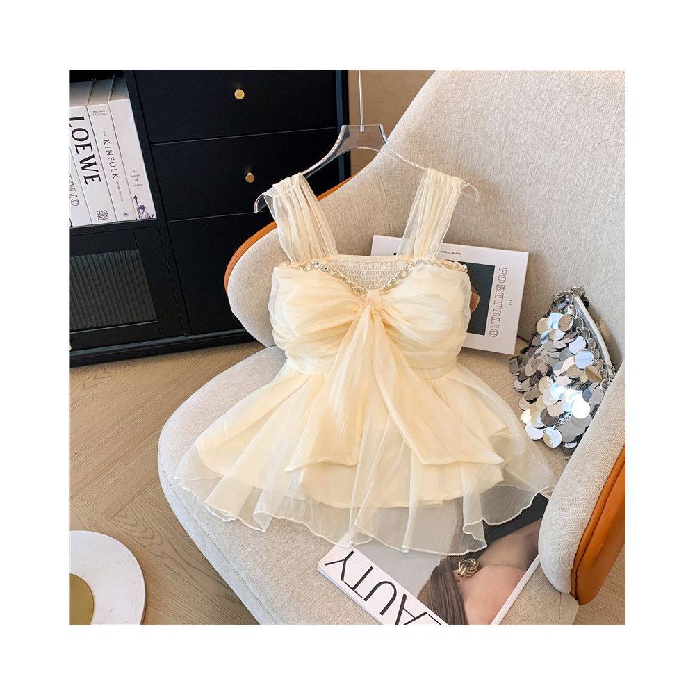 French style heavy duty rhinestone embellished chiffon camisole for women summer style sweet bow padded bra sleeveless skirt top