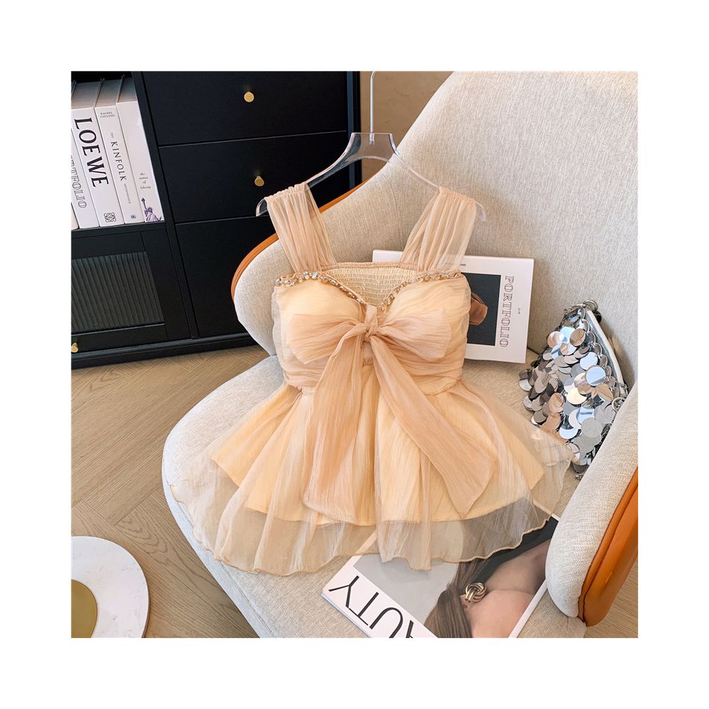 French style heavy duty rhinestone embellished chiffon camisole for women summer style sweet bow padded bra sleeveless skirt top