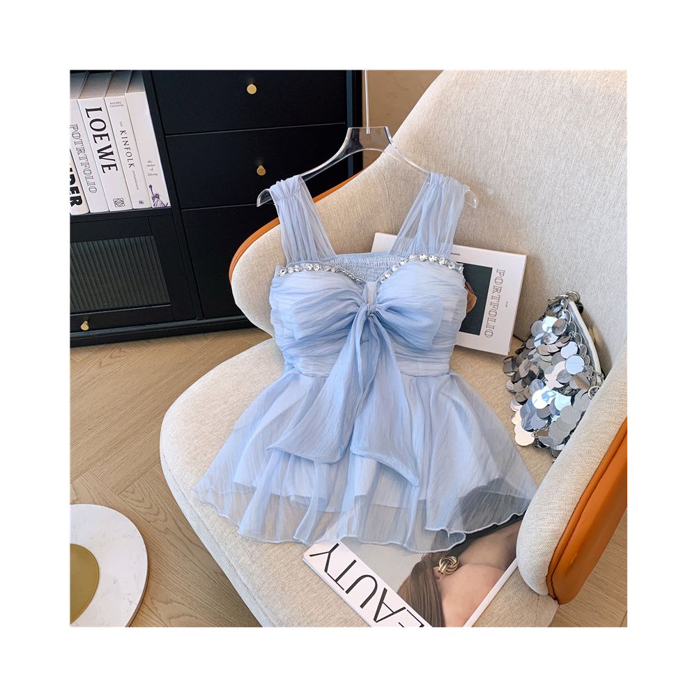 French style heavy duty rhinestone embellished chiffon camisole for women summer style sweet bow padded bra sleeveless skirt top